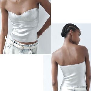 Zara silver metallic foil knit strapless bustier Sz L NWT